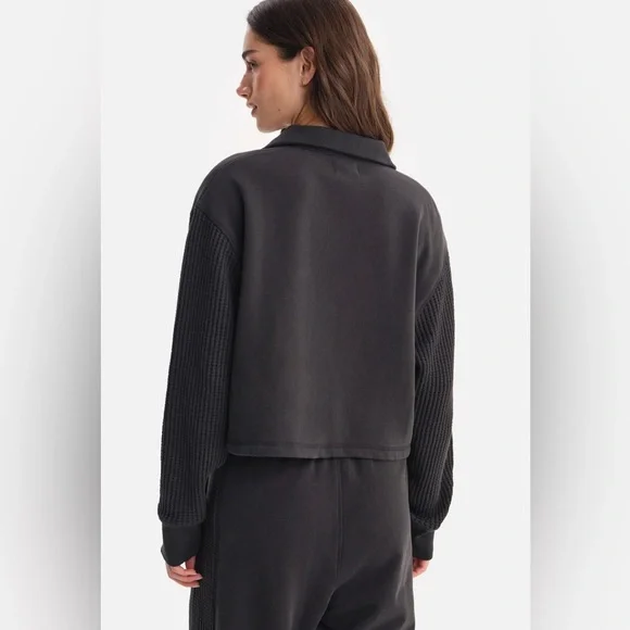 Mate The Label Organic Fleece and Waffle Cropped Half-Zip Sweatshirt Onyx Small - Picture 3 of 11